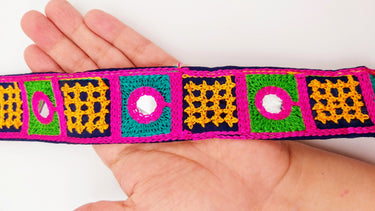 Indian Navy Blue Cotton Fabric Mirror Trim Embroidered in Pink, Yellow, Green and Cyan